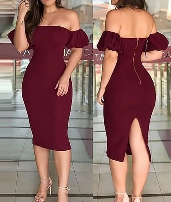 

Sexy Dress Summer New Elegant and Stylish Slim Fit Wine Red Off Shoulder Bubble Sleeves Split Tight Sexy Dress