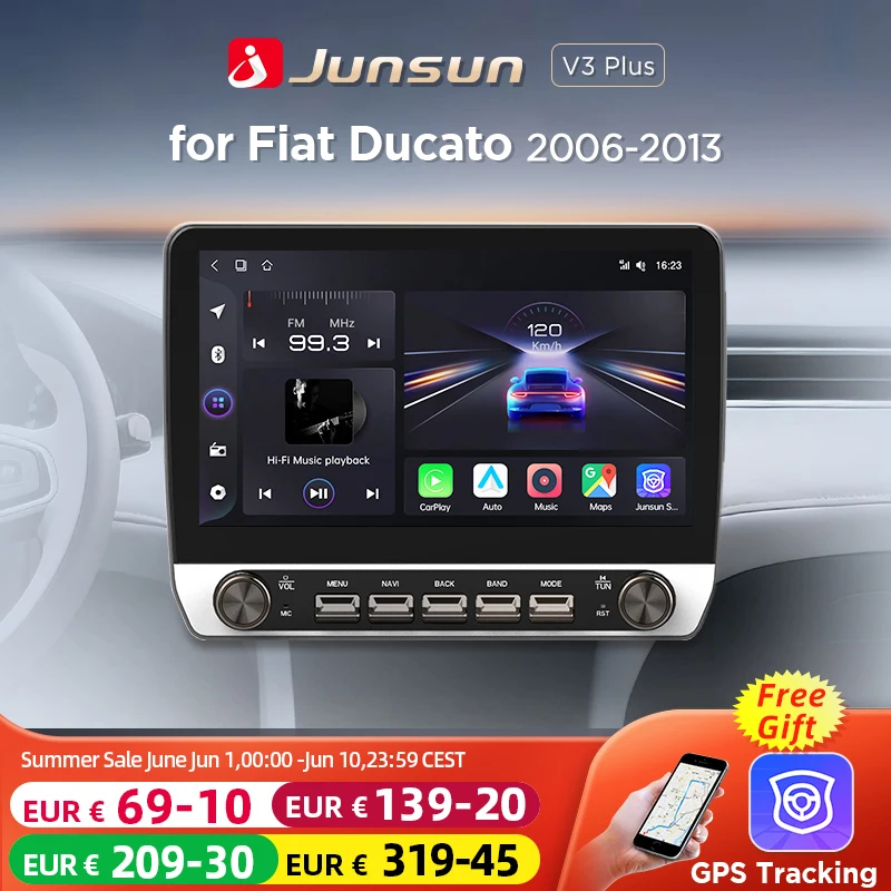 Junsun 10.1-calowe bezprzewodowe radio samochodowe z funkcją Carplay i AndroidAuto do Fiata Ducato 2006 2007-2013, stereo z przyciskami, Bluetooth, GPS, nawigacja, 4G, DSP