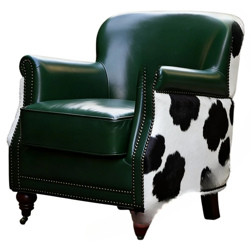 

Американское ретро-кресло из вощеной кожи, одноместное, для гостиной, в стиле легкой роскоши, с заклепками, зеленое