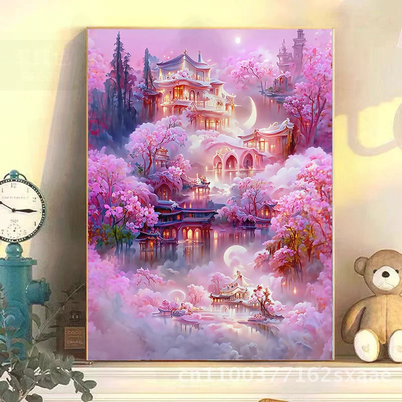 

DIY Digital Oil Painting Dream Castle Hand-Filled Stretched Solid Wood Frame Decorative Painting for Living Room Bedroom -