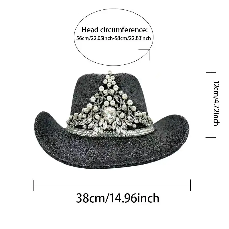 HongLuan Czarny Kapelusz na Halloween dla Dorosłych, Luksusowe Kapelusze Kowbojskie z Cyrkoniami dla Kobiet, Akcesoria do Cosplayu i Kapelusz Kowbojski