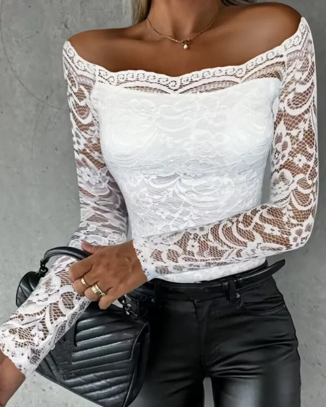 

Fashion Woman Blouse 2023 Spring Off Shoulder Long Sleeve Casual Plain Skinny Daily Semi-Sheer Lace Top Y2K Clothes