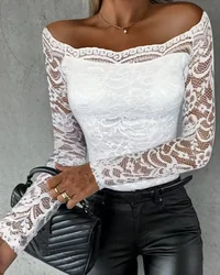 Fashion Woman Blouse 2023 Spring Off Shoulder Long Sleeve Casual Plain Skinny Daily Semi-Sheer Lace Top Y2K Clothes