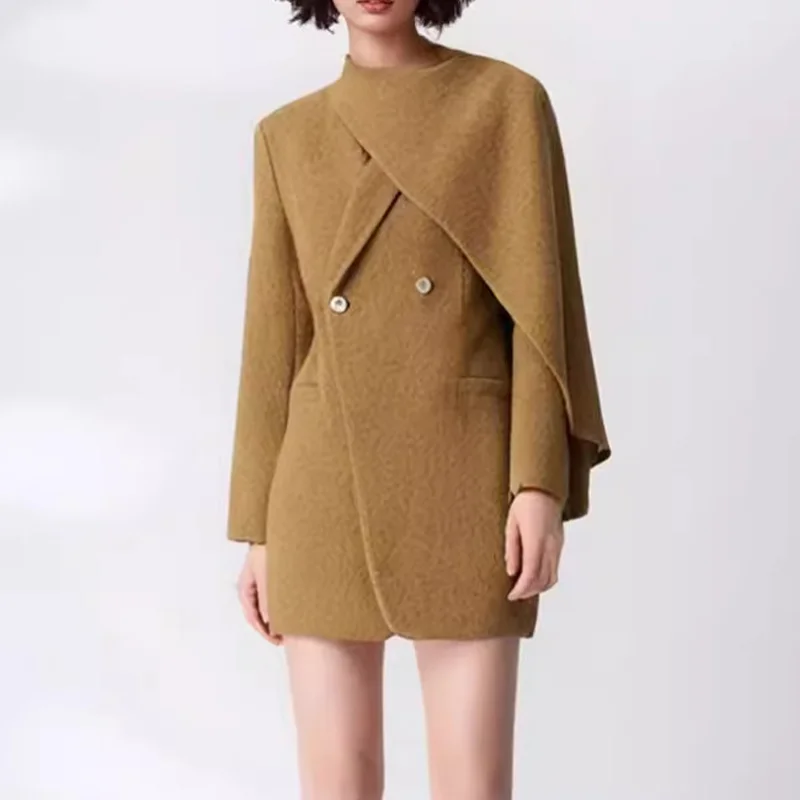 2025 French Style Wool Blazer for Women, High-End Scarf Collar Design, Unique Autumn Cape-Like Wool Coat