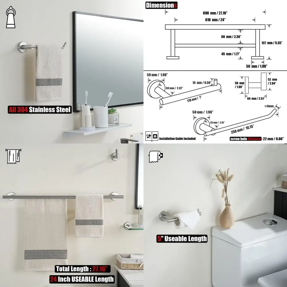 

5-Piece Brushed Nickel Bathroom Accessory Set: 24 Towel Bar, 9 Hand Towel Bar, Toilet Paper Holder, 2 Robe Hooks