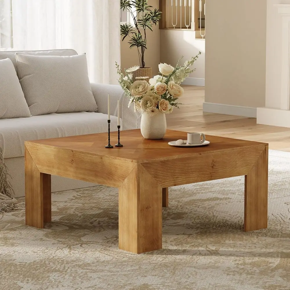 

39.4" Solid Wood Coee Table, Square Coee Table with Intricate Inlaid Top & Sturdy Legs, Rustic Center Tables or Living Room, Eas