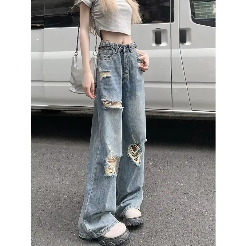 Y2K American Women Retro Straight Jeans with Holes Slim Waist Loose Wide-Leg Pants Fashion Stretch Design