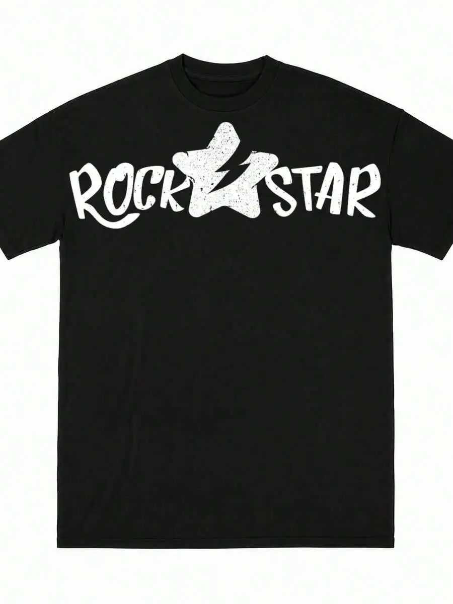Men's Rock Star Lightning Graphic Print Tee, Black Short Sleeve Crew Neck T-Shirt 100% Cotton Trendy Y2K Short-Sleeve Tee-Soft,