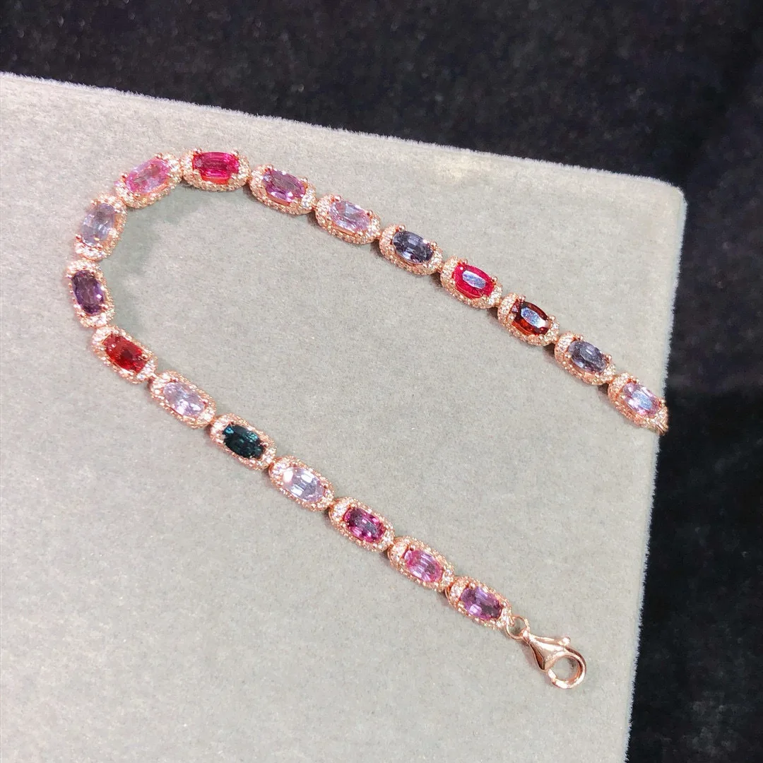 S925 Sterling Silver Natural Spinel Multi-Stone Bracelet - 3x5mm Center Stone Color Gemstone Jewelry