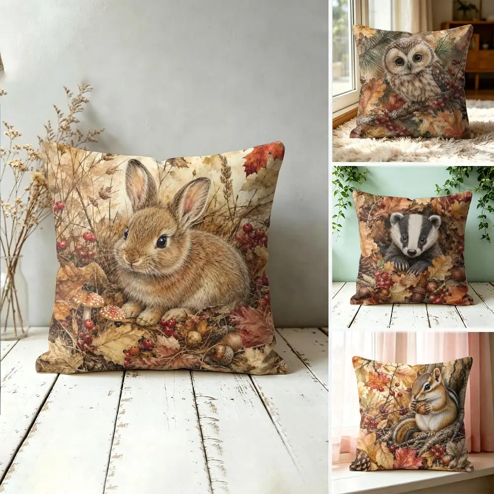 Adorable Forest Animal-Print Pillow Case Double-Sided Plush Sofa Cushion Covers Organic Breathable Invisible Zipper