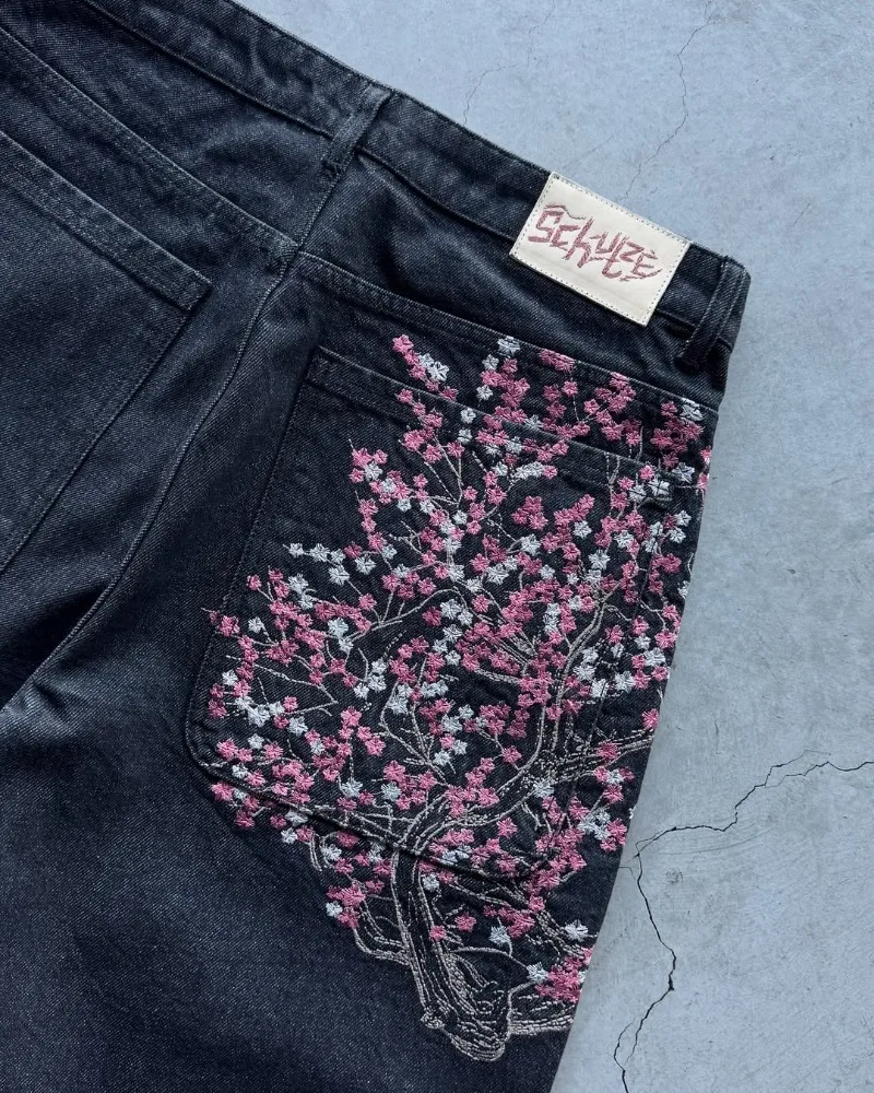 Y2K السراويل زهر الكرز Selvedge التطريز Harajuku فضفاض الدنيم السراويل الأمريكية الهيب هوب الشارع الشهير الرجال النساء السراويل غير رسمية