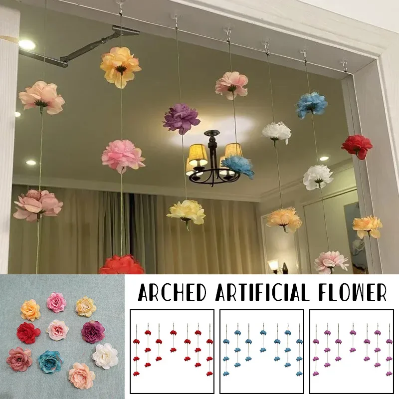 Romantic Arched Artificial Flower Window Door Line Curtain Beautiful Tassel String Hanging Curtain Home Bedroom Decor Divider