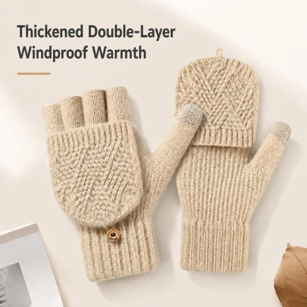 Fashion Thick Winter Knitted Gloves Keep Warm Solid Color Fingerless Flip Gloves Exposed Finger Mittens Winter