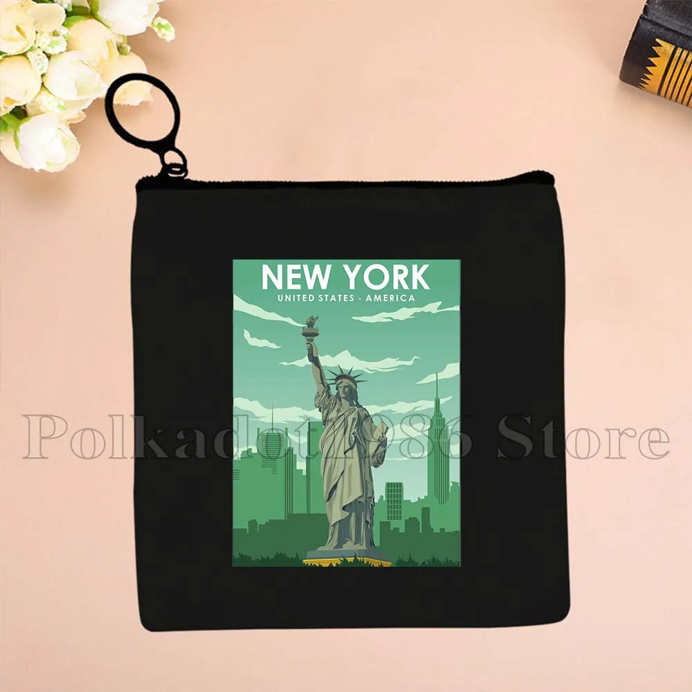 New York Chicago Seattle San Francisco Toronto Las Vegas Los Angeles Miami Seattle Canvas Coin Purse Key Case Bag Wallet Pouch