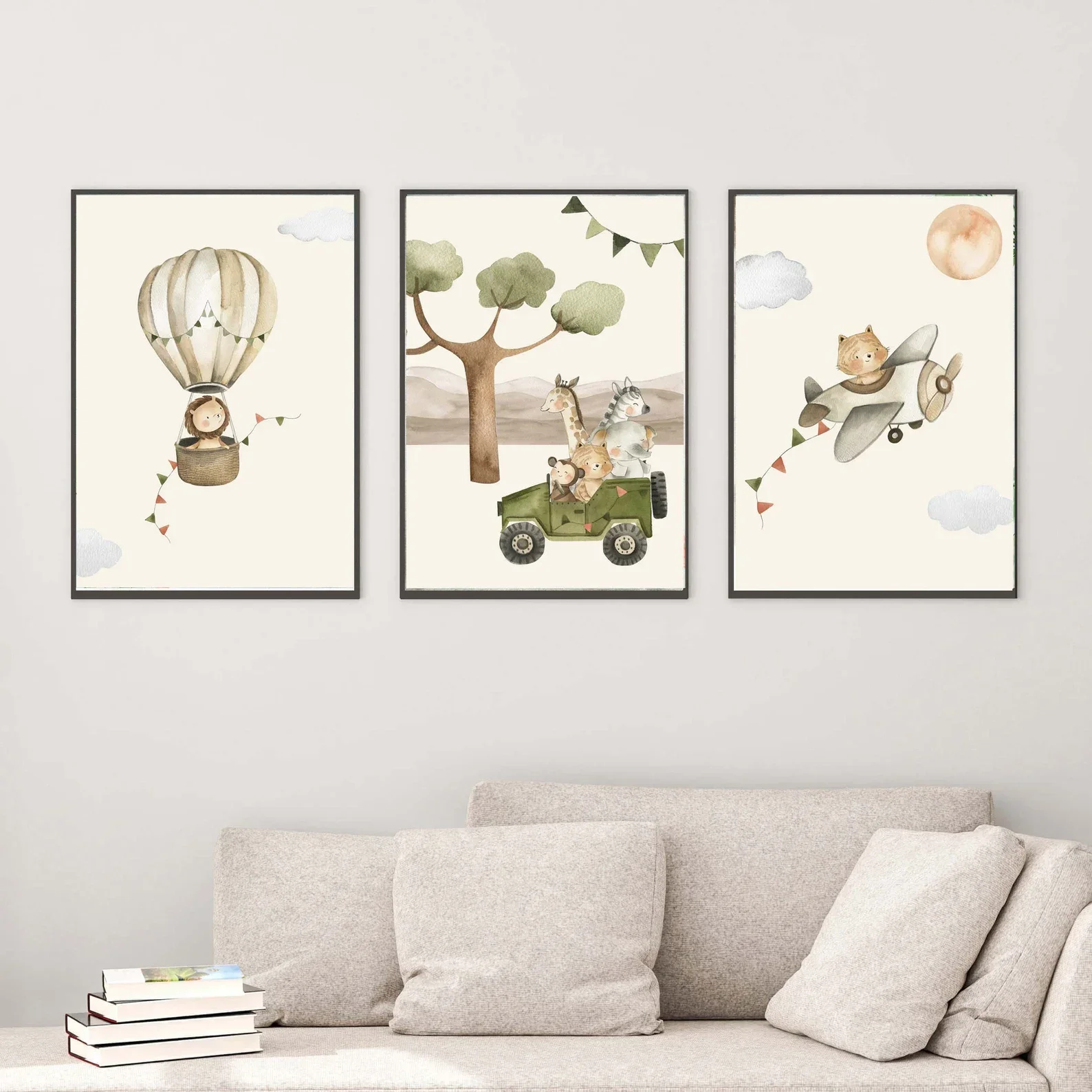 3PCS Children's Room Wall Art Safari Adventure Hot Air Balloon Airplane Car Print  Animal Poster Canvas Paintings For Room De