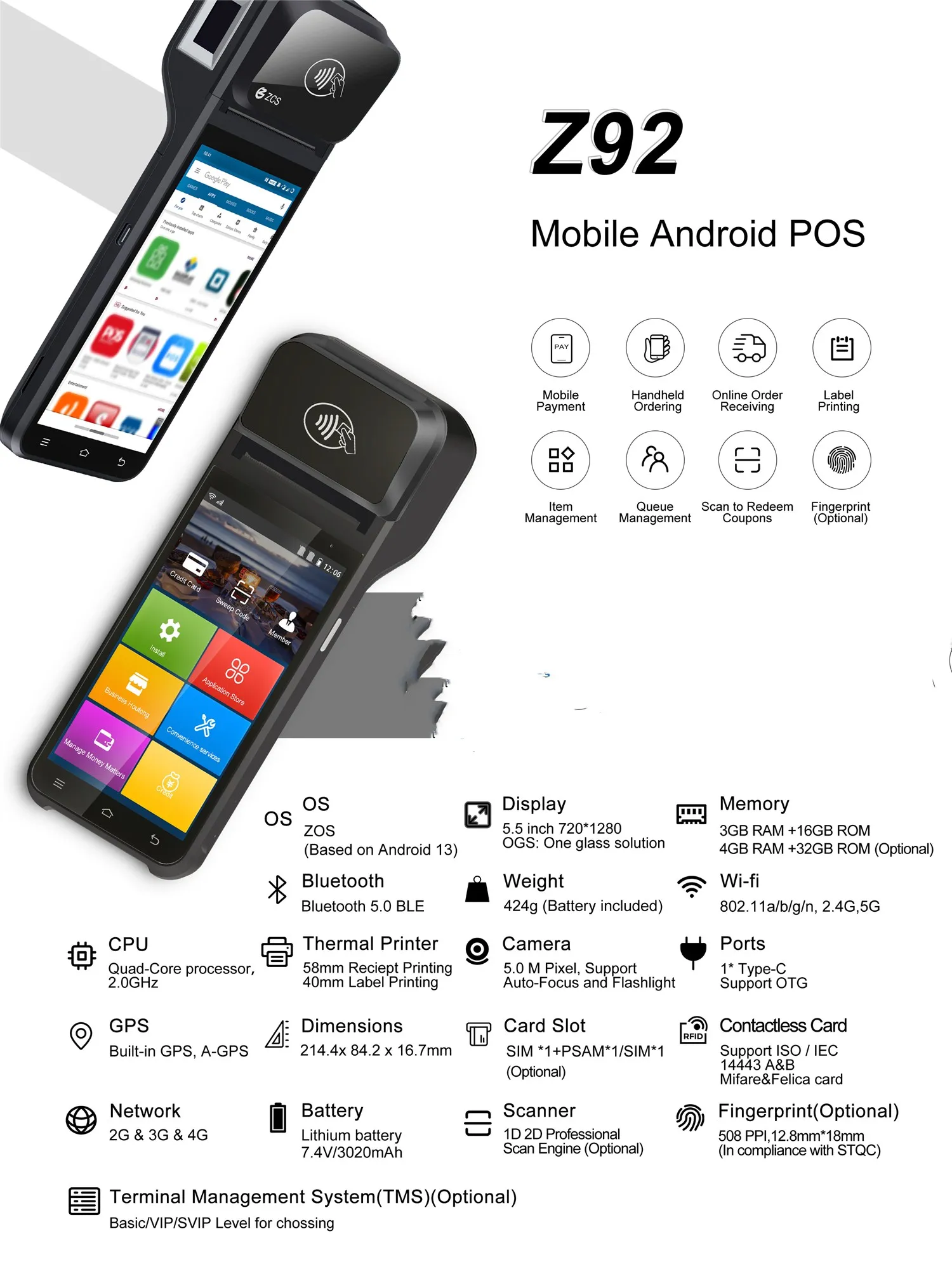5,5 Zoll Touchscreen 3+16GB Android 13.0 Handheld Thermodrucker Barcode-Scanner PDA Mobiler Etikettendrucker mit NFC WLAN/Bluetooth