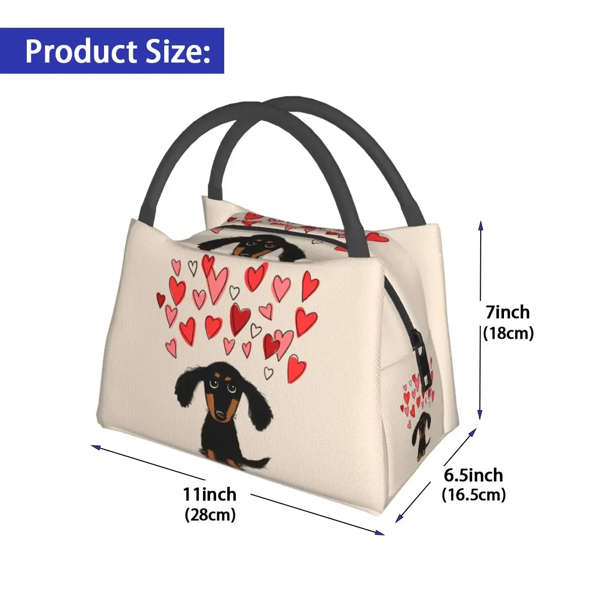 Cute Dachshund Dog Lunch Bag Valentine Hearts Fun Lunch Box Picnic Portable Thermal Tote Handbags Print Cooler Bag