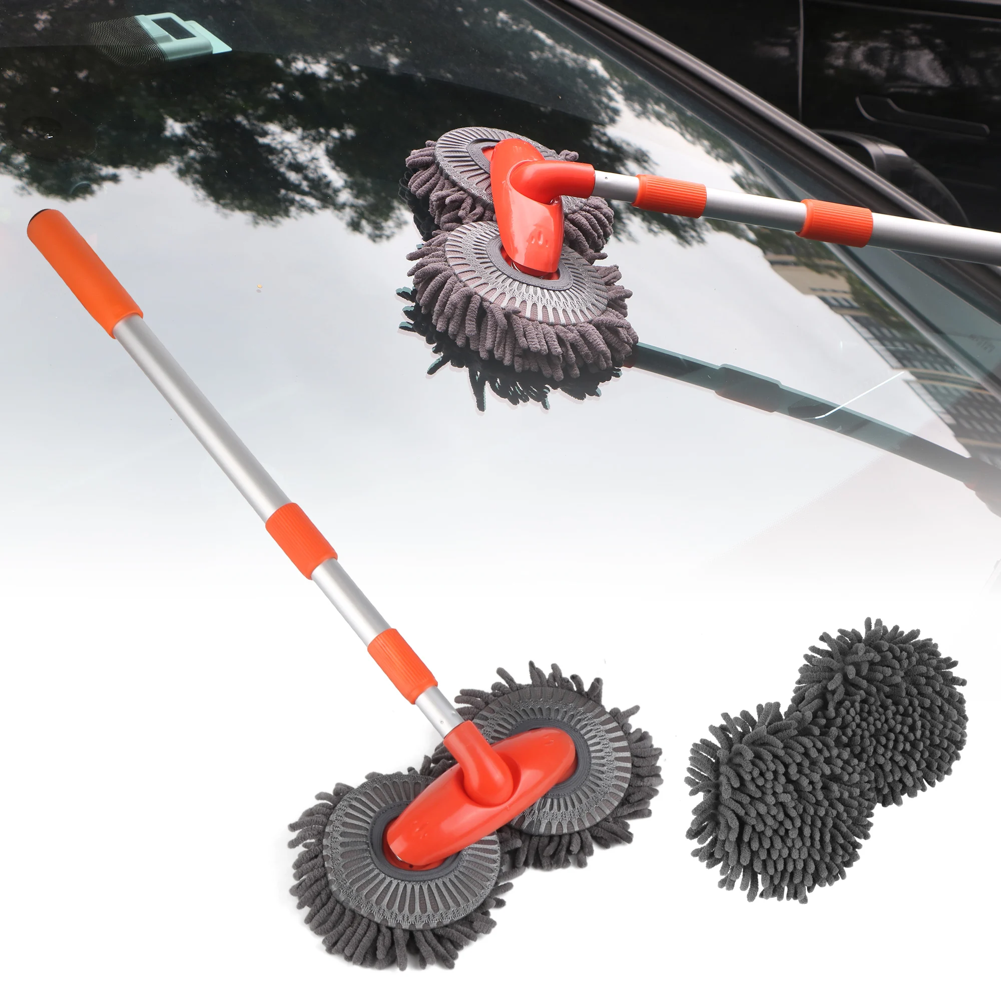 Rotating Double Brush Head Car Wash Mop Roof Window Cleaning Maintenance Auto Supplies Three-Section Telescopic