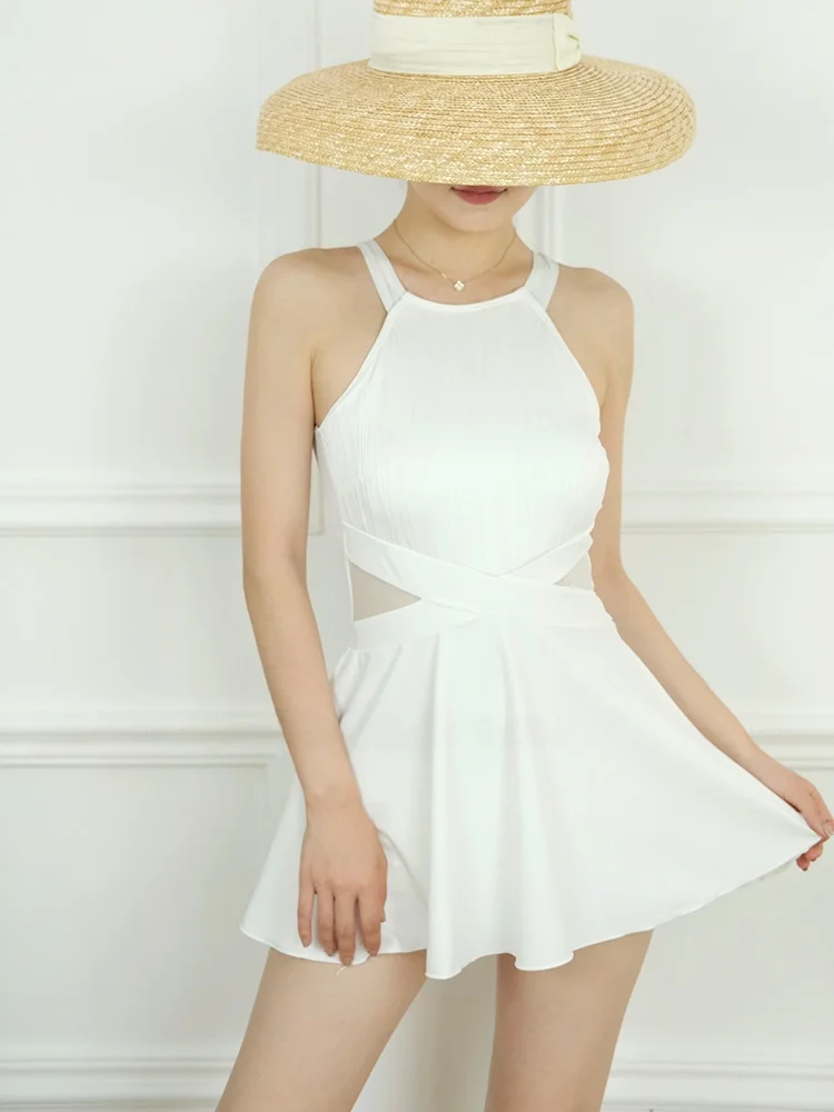 

Элегантный слитный купальник без спинки для женщин, для отпуска, в консервативном стиле, с юбкой и высокой талией