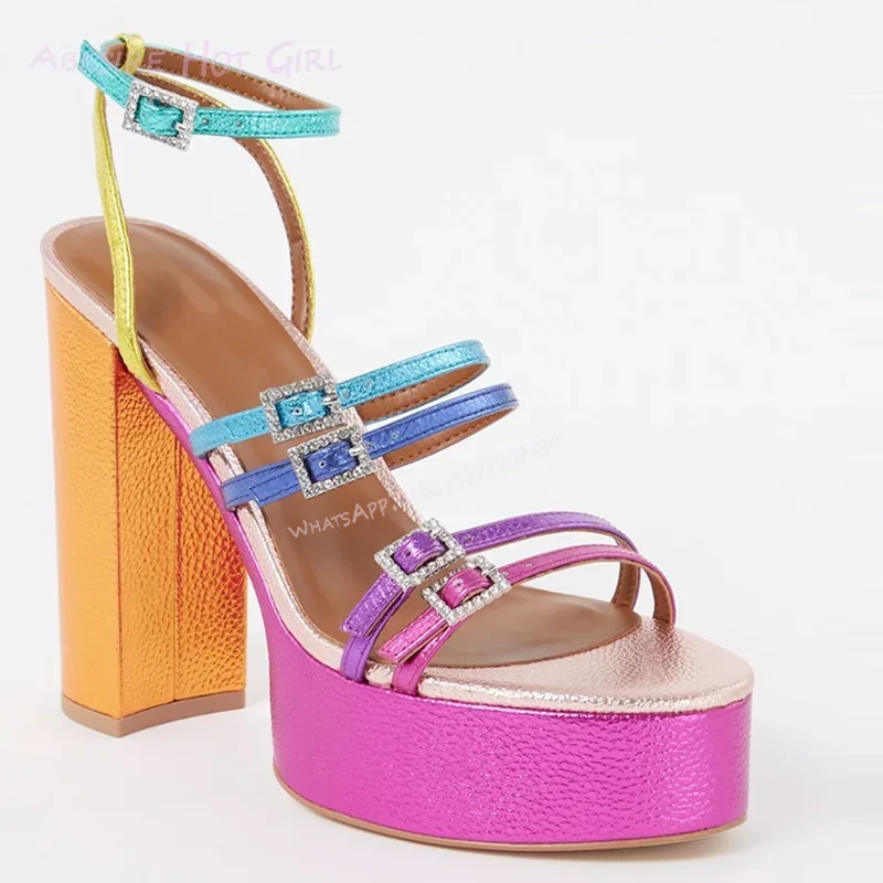 

Rainbow Purple Buckle Striped Platform Sandals Chunky Heel Open Summer Girls Cute Buckle Sugarbaby Hollow Fuchsia Shoe Hot Chick