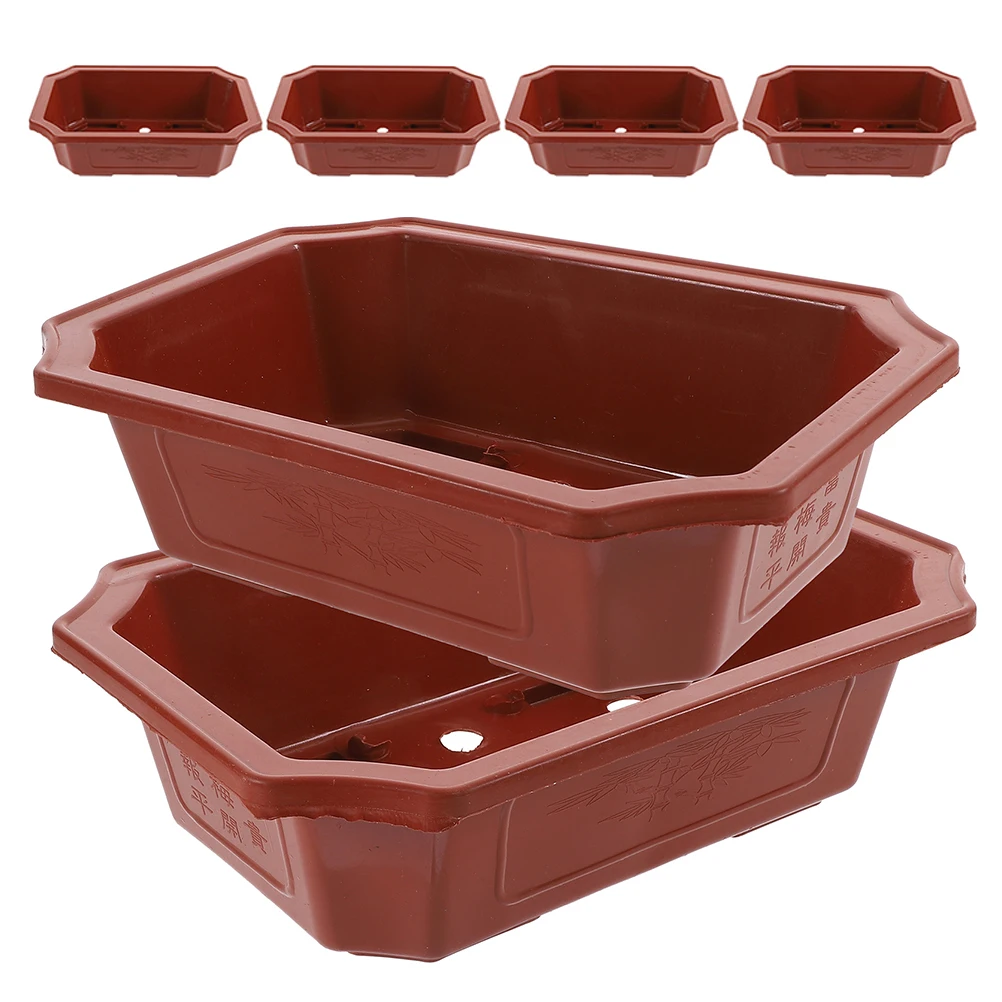 

6pcs Plastic Flower Pot Small Planter Coffee Color Rectangular Drainage Holes Garden Balcony Bonsai Planter Indoor House Plants