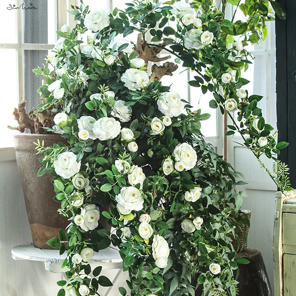 SunMade Luxury European Rose Rattan Wall Hanging Rose Garland Silk Artificial Flowers Home Wedding Garden Decor Autumn Decore
