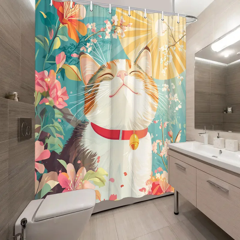 

Happy Cat in Sunlight Waterproof Shower Curtain - Vibrant Floral Design, Easy to Clean, Durable Fabric for Bathroom Decor