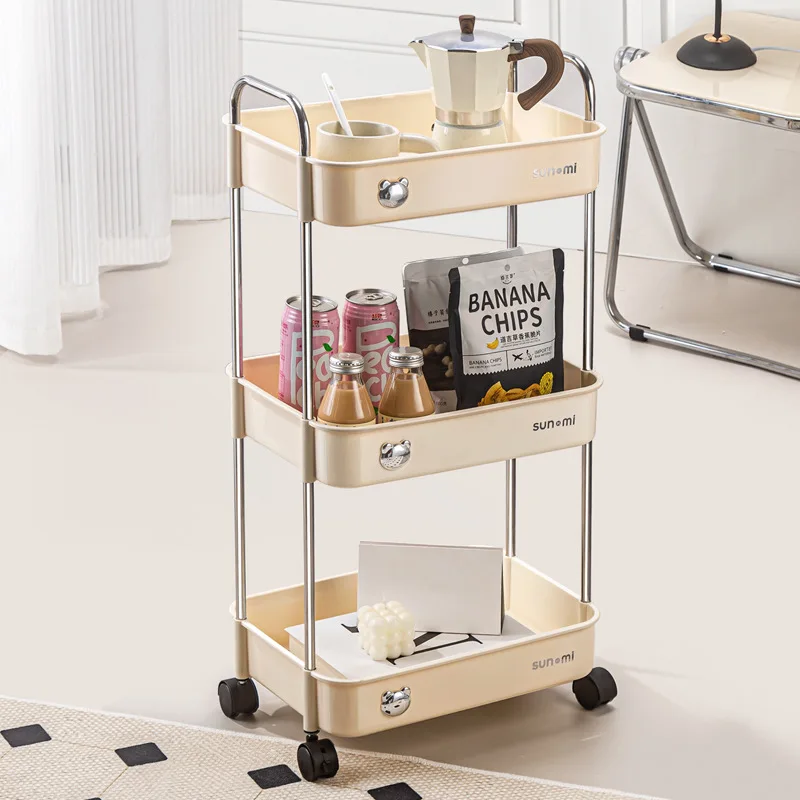 Light Luxury Cream White Cart Storage Rack Kitchen Vegetable Seasoning Bottle Storage Rack Living Room Snacks Sundry Organizer