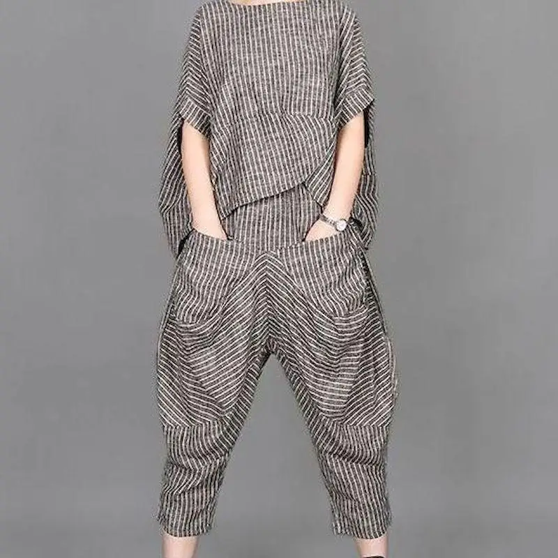 

Fashion casual suit 2026 summer style cotton and linen loose striped short sleeved bat top+nine point harem pants for women