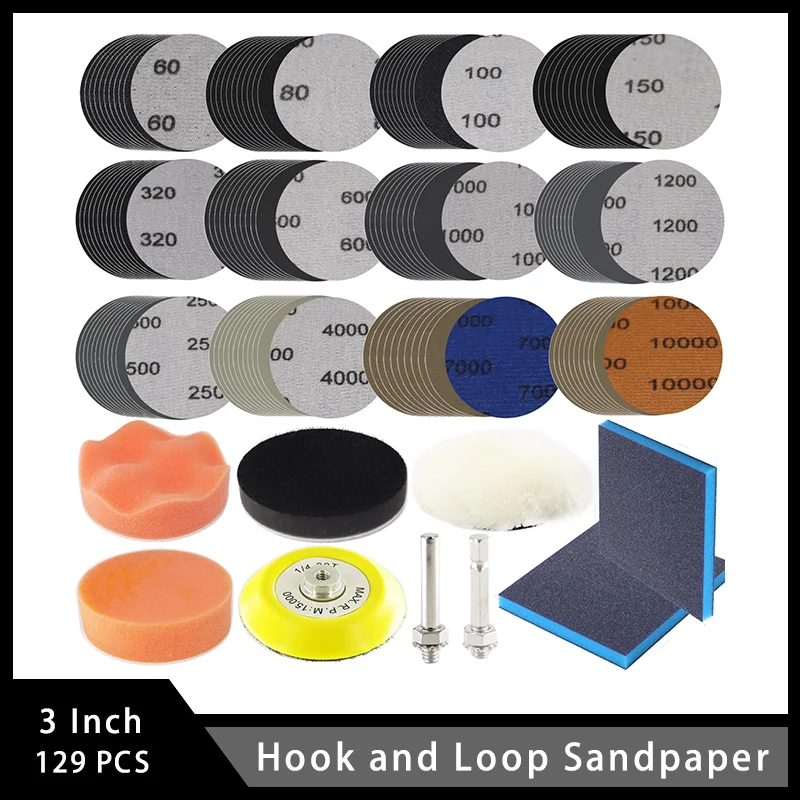 

3 Inch Hook and Loop Sandpaper 129 Pcs Assorted 60-10000 Grit with 1/4" Shank Backer for Woodwork Painted Surfaces Fiberglass