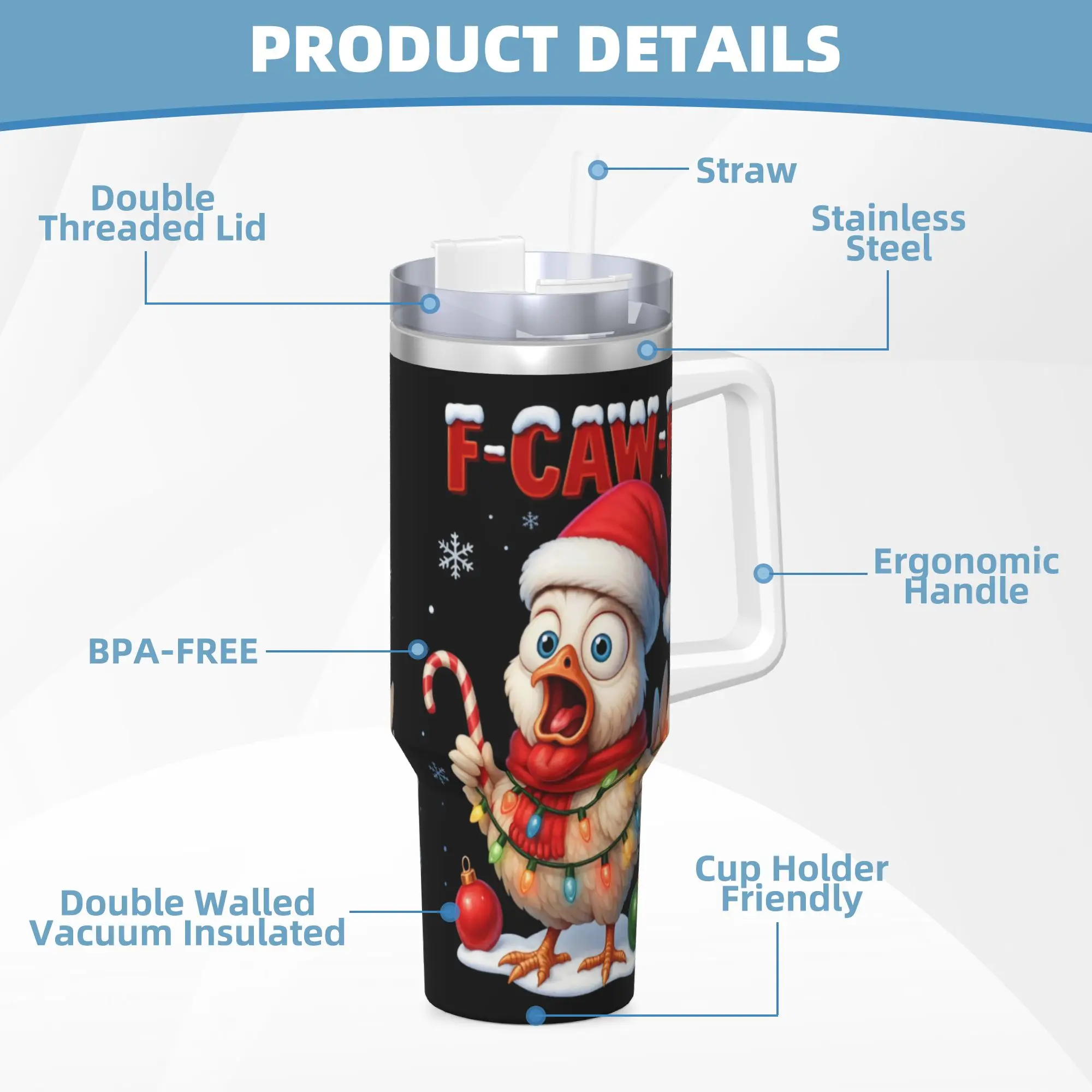 F CAW F عيد الميلاد الدجاج بهلوان من الفولاذ المقاوم للصدأ كوب قهوة للسفر مع القش وغطاء 40 أوقية أكواب كوب المشروبات الساخنة زجاجة ماء