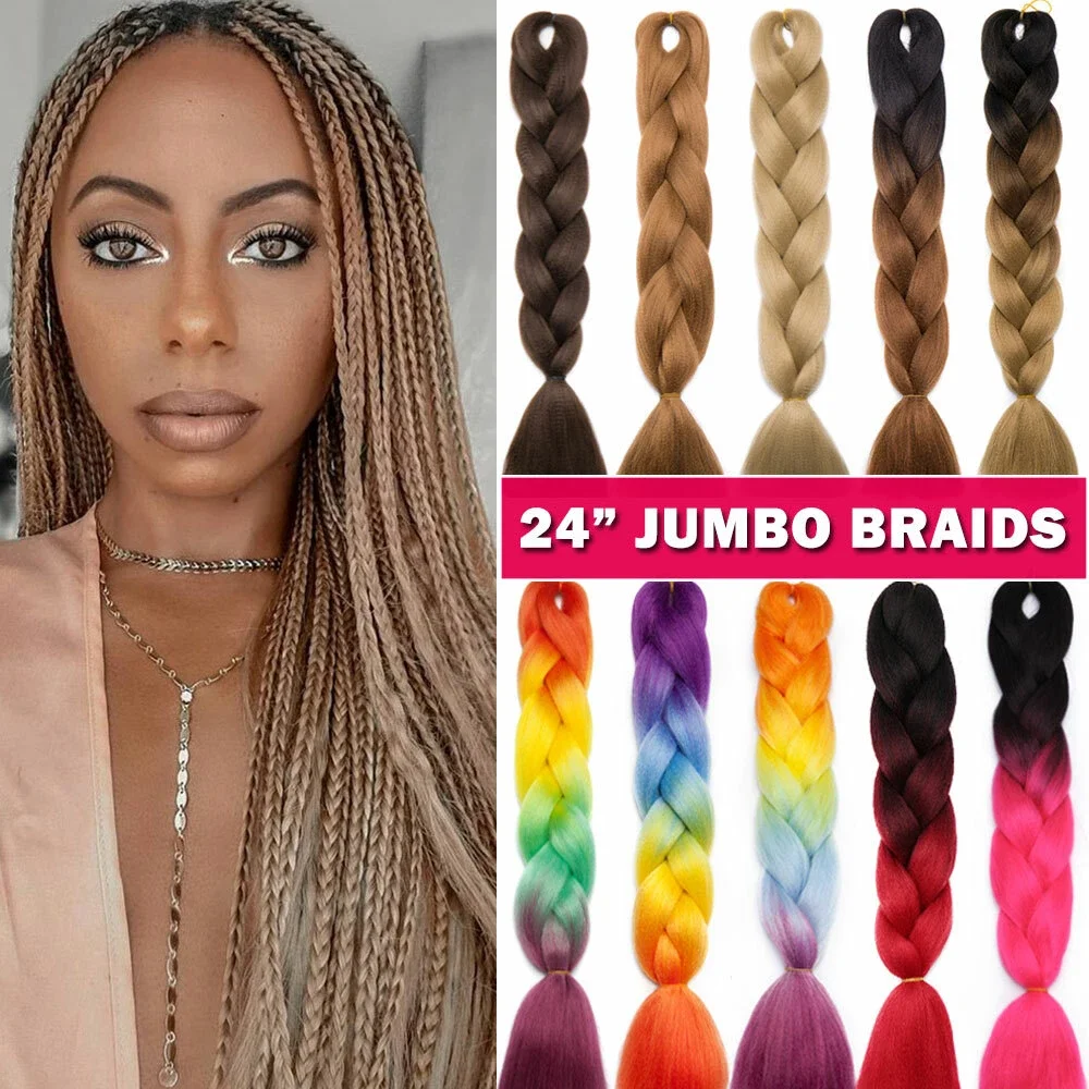 24inch/100g Jumbo Braids Hair Extensions Braiding Hair Synthetic Hairpieices Ponytail Color Box Braids Hair Ombre Brown Blonde
