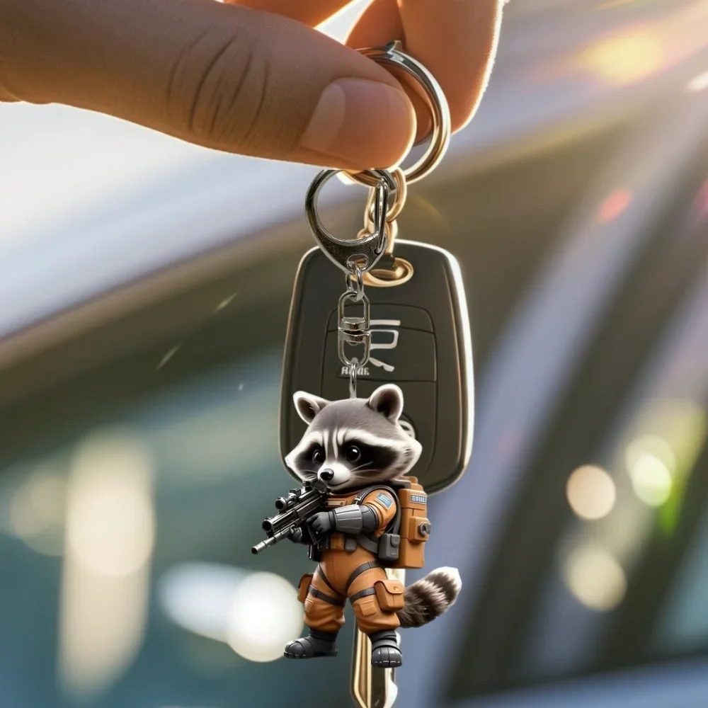 Cute Raccoon Soldier Pendant Keychain,Cartoon Animal Themed Flat 2D Acrylic Hanging Charm,for Backpacks,Bag,Festive,Gift & Decor