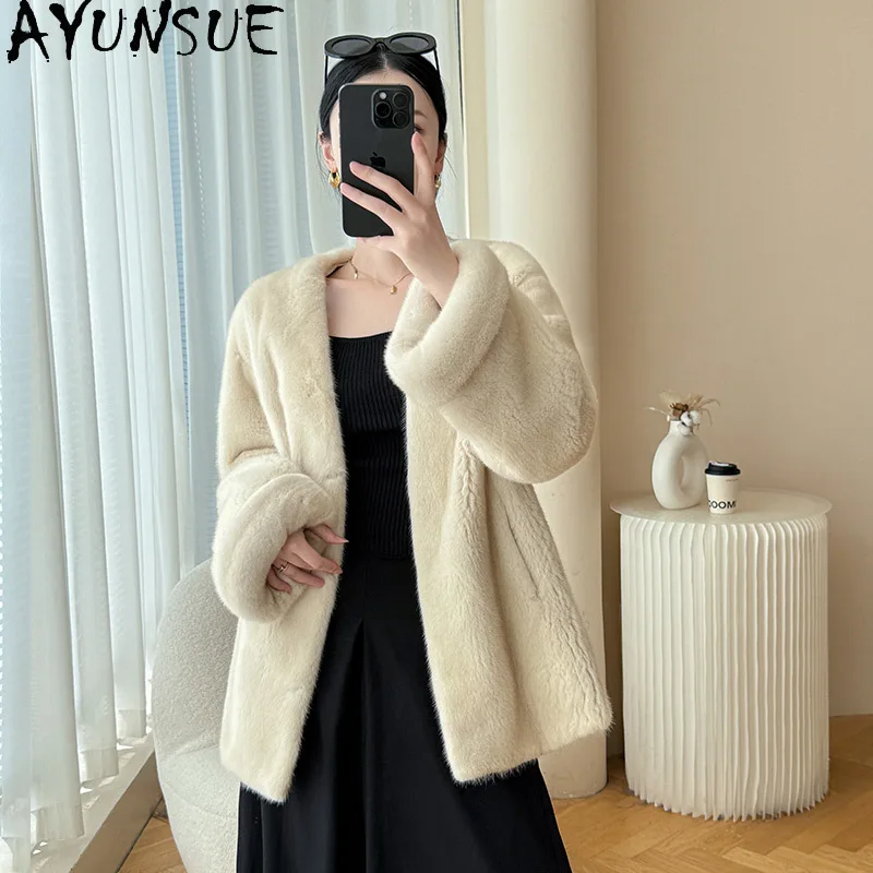 AYUNSUE Natuurlijke Nertsenbont Jas Vrouw V-hals 2025 Winter Echt Bont Jas voor Vrouw Kleding Hoge Kwaliteit Hele Nertsen Moquaба Ж Diego