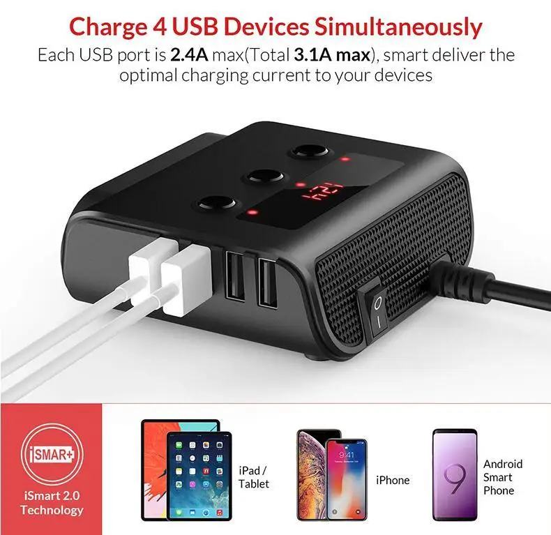 Pengisi Daya USB Otomatis Adaptor Pemantik Rokok Mobil 3 Arah Steker Pemisah Soket 12V-24V LED 4 Adaptor Pengisi Daya USB untuk Ponsel MP3 DVR