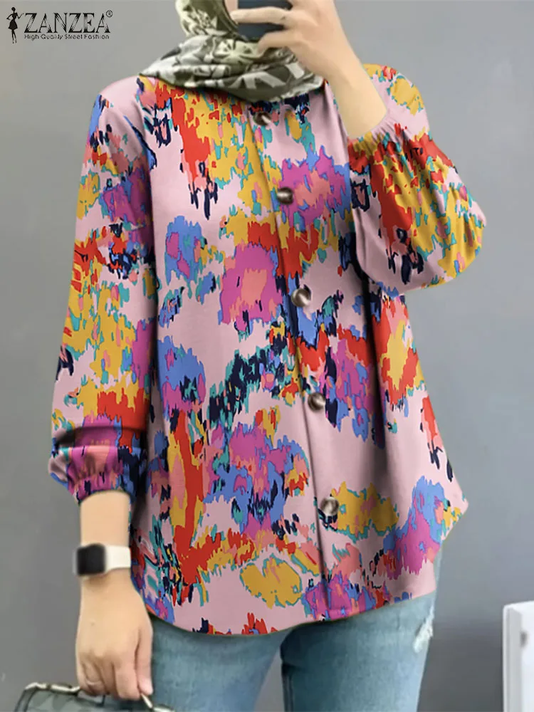 ZANZEA Fashion Women Floral Printed Shirt Autumn Long Sleeve Muslim Tops Casual Dubai Turkey Abaya Blouse Islamic Clothing 2023