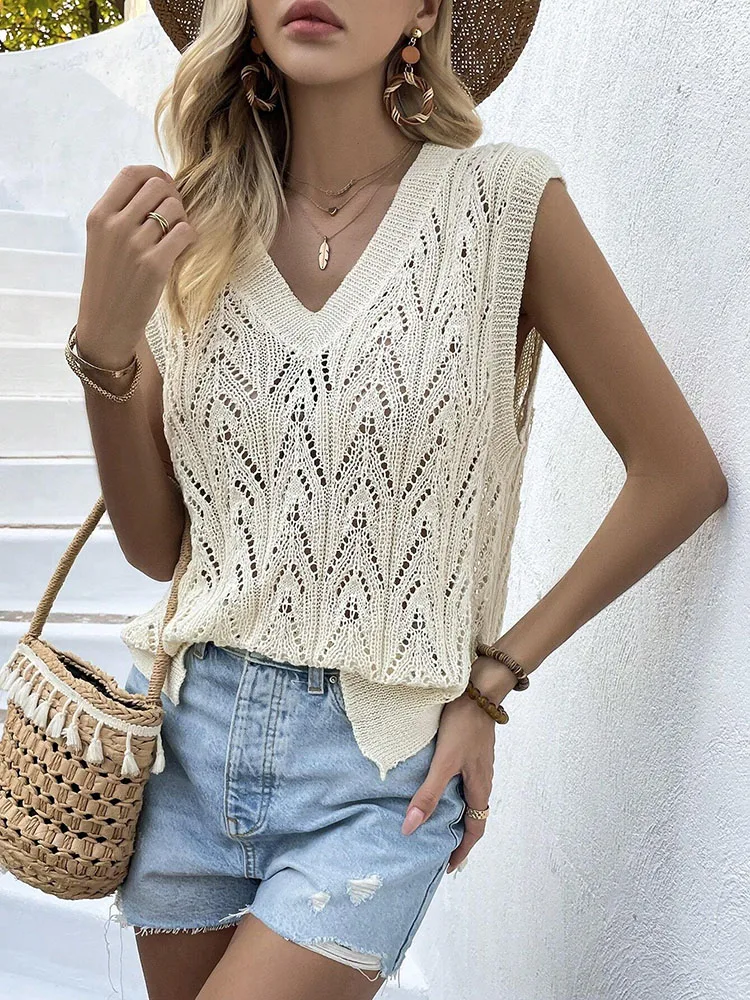 Fashionable and elegant top women\'s hollowed out V-neck vest loose knit sweater