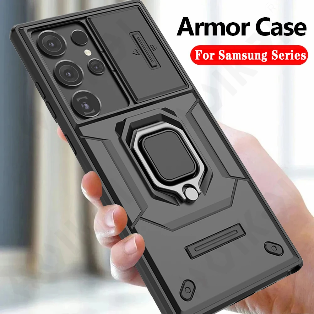 Case For Samsung S24 S23 Ultra Plus A54 A34 A14 4G 5G Slide Camera Ring Stand Armor Anti-fall Protection Kickstand Rotete Covers