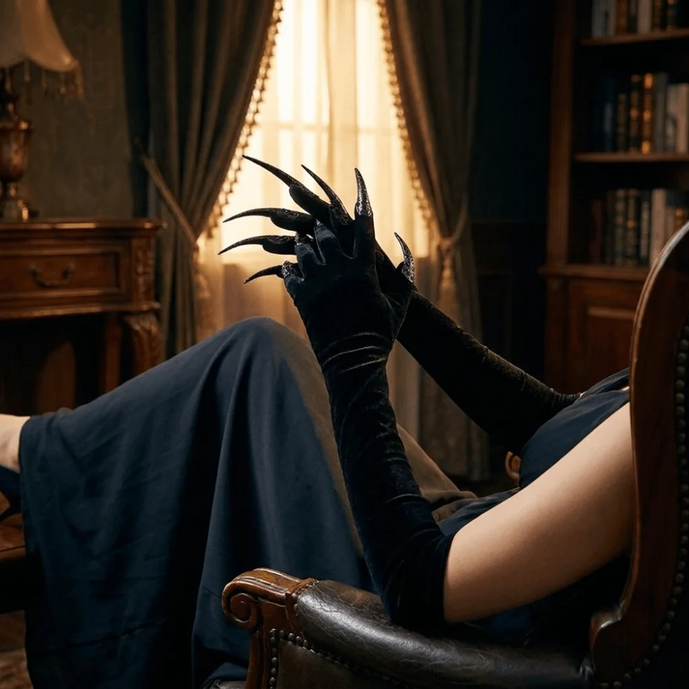 Gothic Long Nails Gloves Black Stretch Polyester Halloween Witch Gloves Elastic Black Detachable Claw Nails Gloves