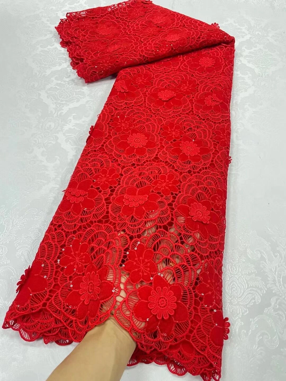 

2023 High Quality African Red color Guipure Cord Lace Fabric With Sequins Water Soluble Embroidery Fabrics For Wedding JL195