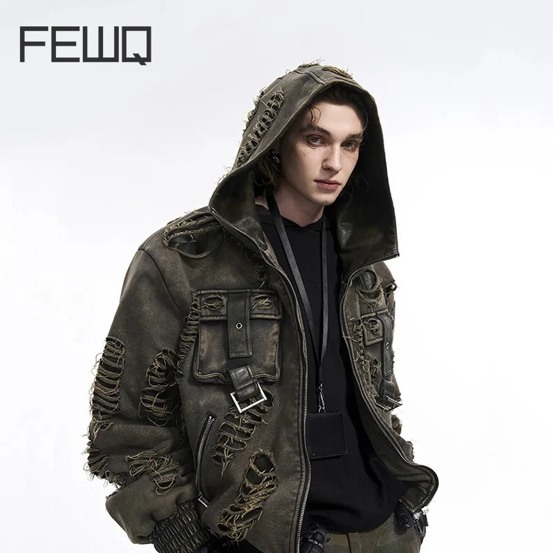 FEWQ Waste Soil Men's Hoodie Autumn Winter Leather Hoodie Coat 2024 Solid Color Long Sleeve Male Tops Streetwear 24E5627