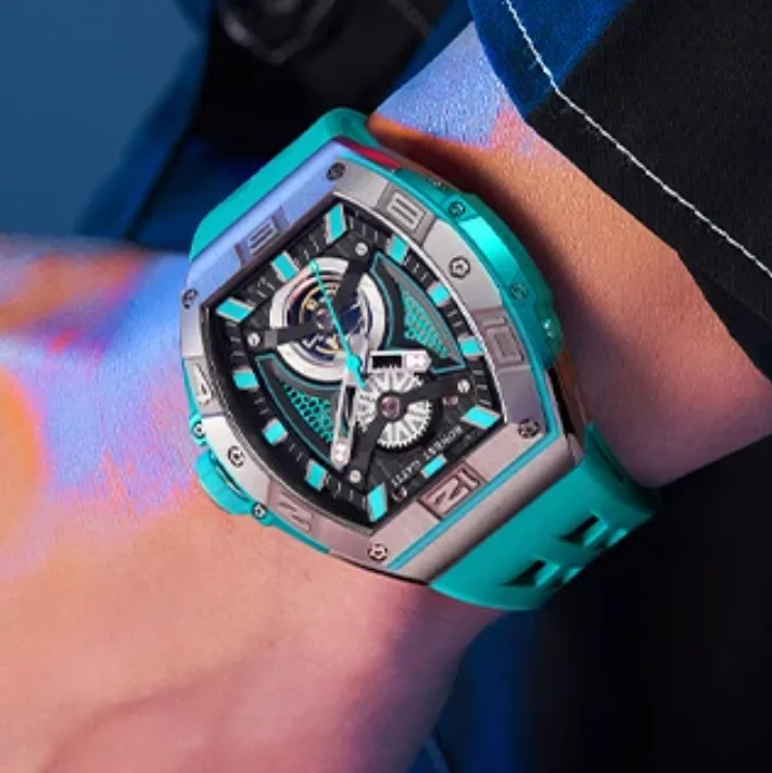 BONEST GATTI Men Automatic Watch 42mm Tonneau Mechanical Wristwatch 50m Waterproof Sapphire Luminous Skeleton Dial