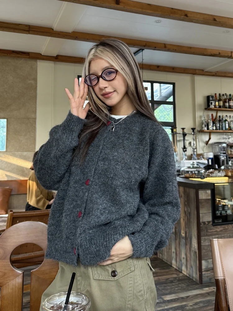 

Chuan Chuan Ya American Retro Lazy Sle Knitted Sweater Coat Women's round Ne Button Autumn New Faion Street Loose Fit