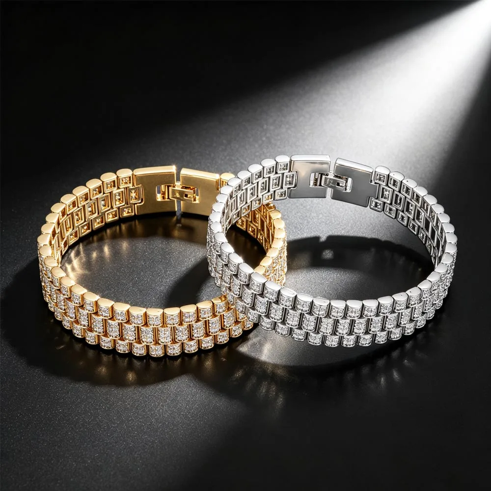 3 Rows Iced Out Tennis Chain Bracelet 16mm Bling 18K Gold Plated Hip Hop Jewelry Gift for Women Ladies Men Anniversary