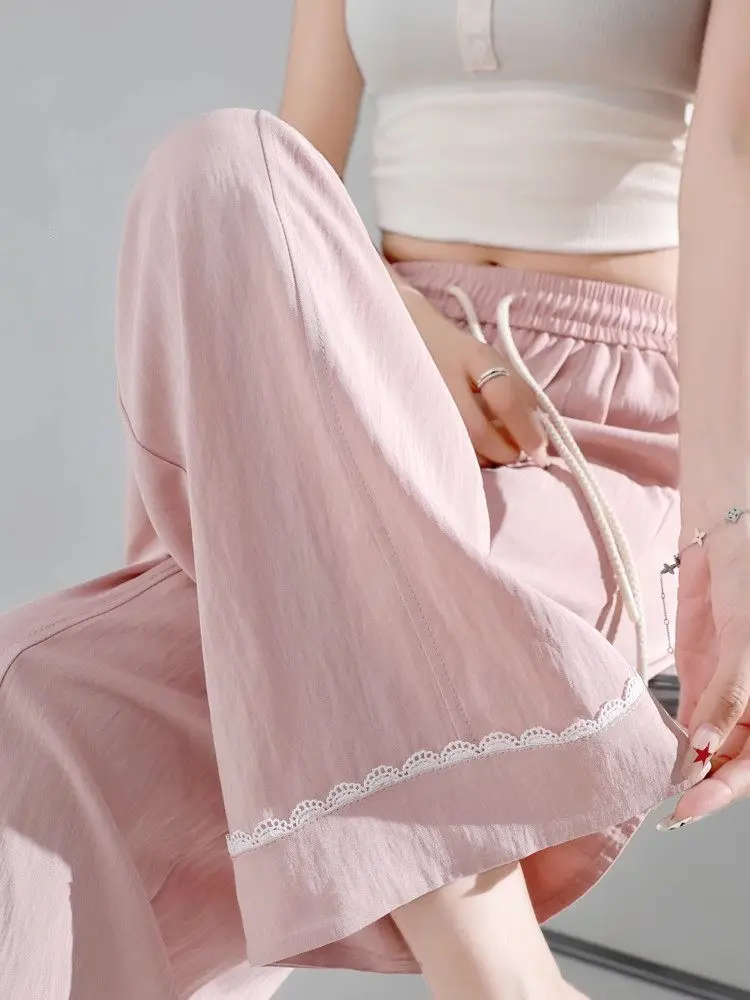 

Lace Trim Ice Silk Wide Leg Pants Women Summer Thin Loose Straight Tube Yamamoto Pants Cool Sun Protection Quick Dry Nine Points
