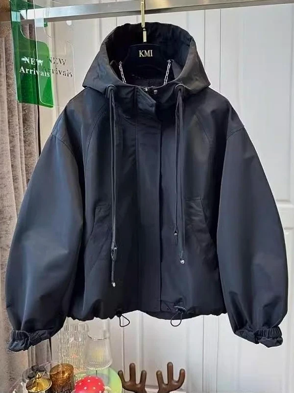 

Женская куртка с эффектом похудения в американском ретро-стиле, с капюшоном, больших размеров, однотонная, свободного кроя, для весны