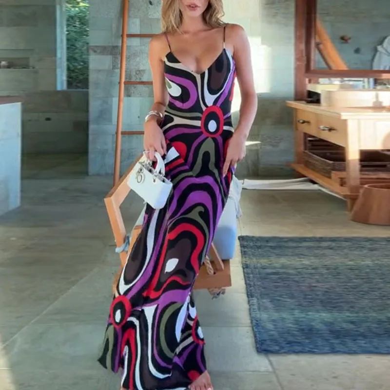 Robe longue en Satin pour femmes, Sexy, Slim, dos nu, élégante, sans manches, ajourée, style Boho, imprimé, taille haute, col en V, robe de soirée, été