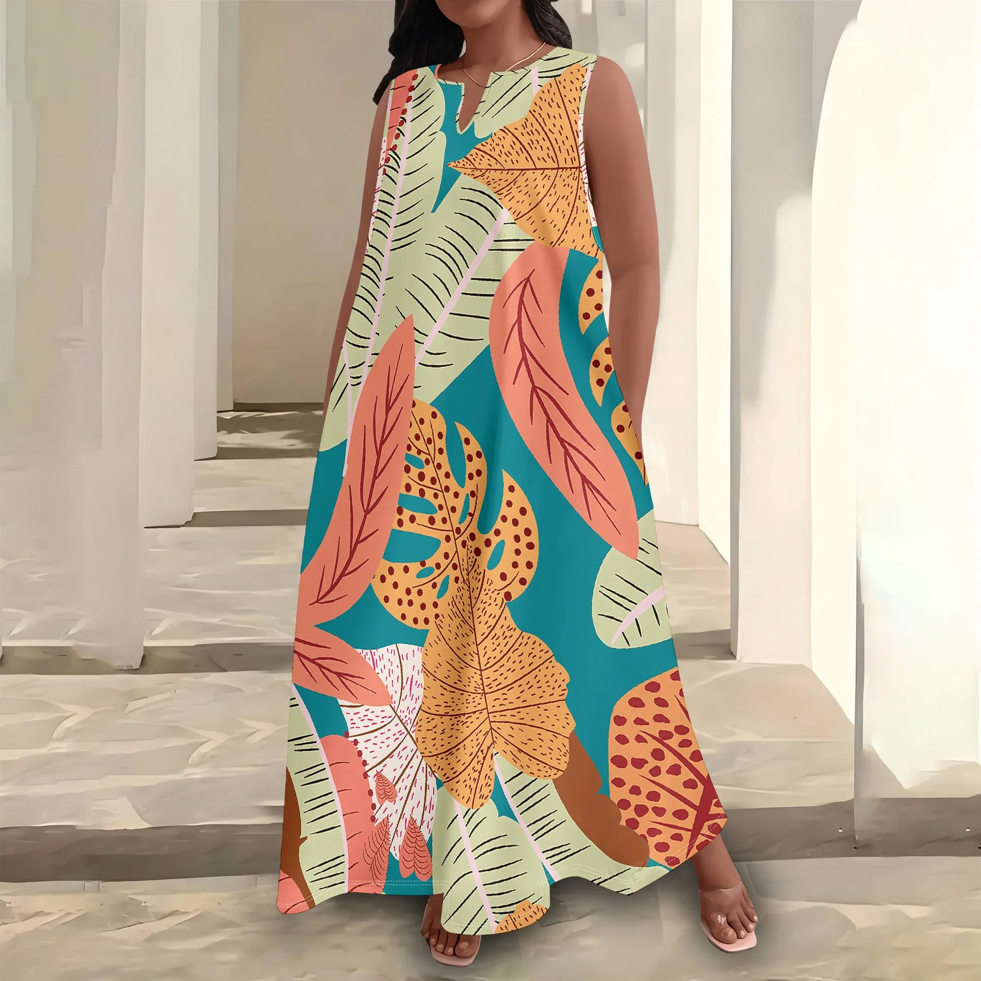 

Plus Size Women's Summerl Fashion Printed African Style Sleeveless Round V Neck Dress Loose And Casual Dress