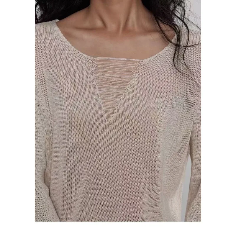 Herbst V-ausschnitt frauen Neue Stil Genäht Hohl Mode Einfarbig Schlank Lange ärmeln Design Gestrickte Lose Top