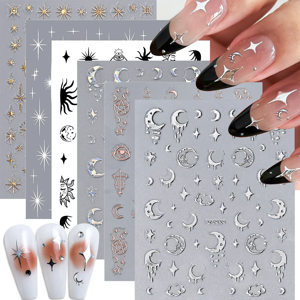 

12Pcs 3D Bronzing Sun Star Moon Nail Stickers Silver Gold Cross Starlight Adhesive Decals DIY Punk Snake Cat Manicure Sliders
